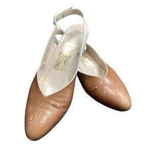 Vintage Ferragamo Shoes Women’s SZ 6 Leather Sling Back Small Heel Brown & White